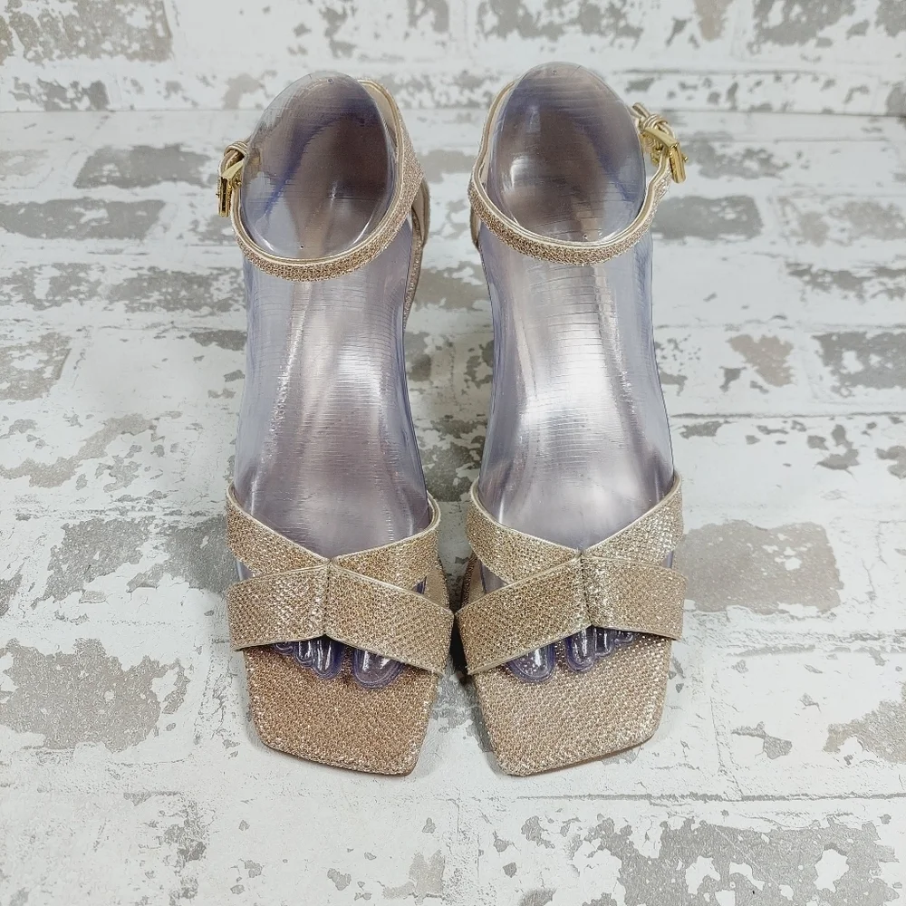 New Franco Sarto Rania 2 Stiletto Cut-Out Ankle Strap Gold High Heels i937 - Picture 4 of 12